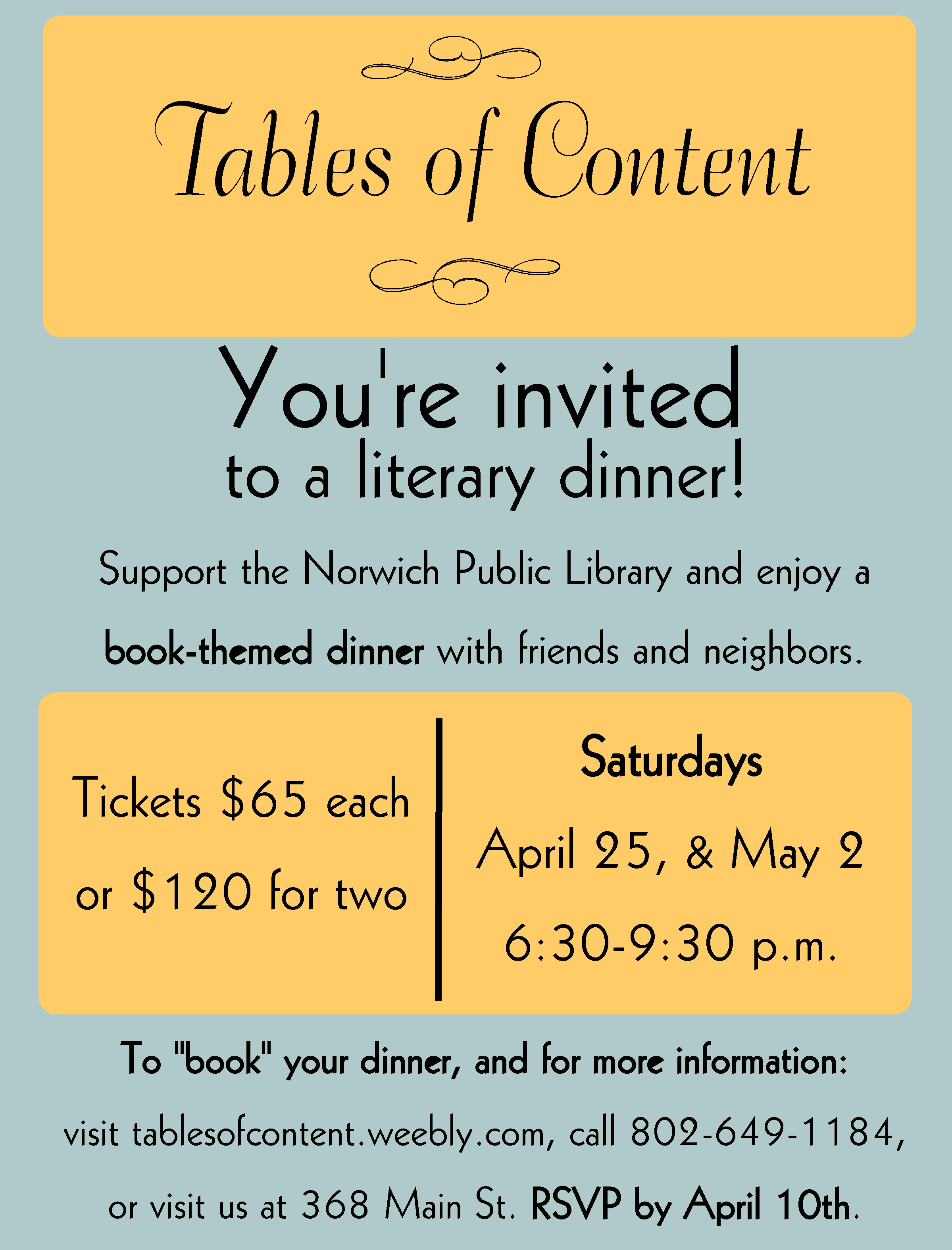 Tables of Content Saturdays: April 25th and May 2nd at 6:30pm – Norwich ...